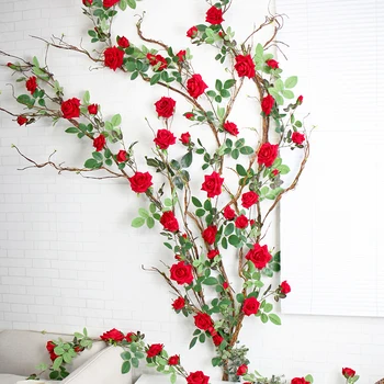 177cm Skutočný dotyk Umelé Kvety, Ruže, Brečtanu Vína Svadobné Dekor Plastové Kvetinové Girlandy Reťazec S Odchádza Domov Stene Visí
