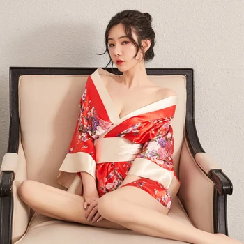 Japonské Kimono Sexy Cosplay Oblečenie Pre Ženy Tradičnom Štýle Župan Yukata Kostýmy Pyžamo Mäkké, Hodvábne Pás 3ks Sada Black Red