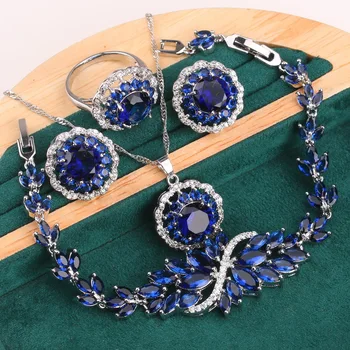 Strieborné Farebné Šperky Set Pre Ženy, Svadobné Royal Blue Topaz Prebodol Náušnice, Náhrdelník Prívesok, Prsteň Náramok Vianočný Darček 4PCS