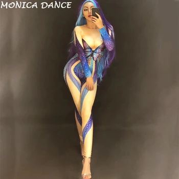 Ženy Sexy Fáze Blue Butterfly Série Djds Gogo Jumpsuit Farebné Šumivé Kryštály Nočný Klub Strany Tanečník Fáze Nosiť Kostýmy
